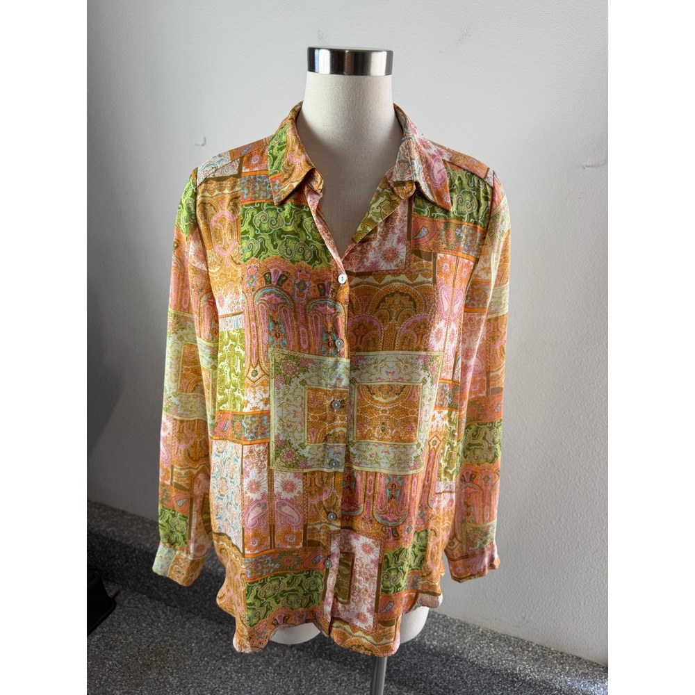Rose + Olive Womens Large Paisley Patchwork Button Up Blouse Orange Green Boho